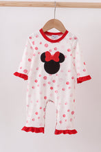 Load image into Gallery viewer, Red polka dot character applique romper
