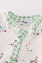 Load image into Gallery viewer, Sage duck print ruffle zip girl romper
