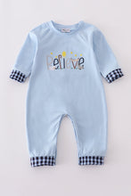 Load image into Gallery viewer, Blue believe embroidery romper

