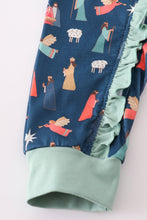 Load image into Gallery viewer, Navy nativity print ruffle romper
