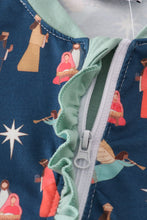 Load image into Gallery viewer, Navy nativity print ruffle romper
