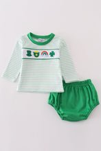 Load image into Gallery viewer, Green lucky clover embroidery boy bloomer set
