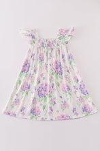 Load image into Gallery viewer, Purple hydragena print smocked girl dress
