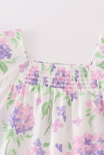 Load image into Gallery viewer, Purple hydragena print smocked girl dress
