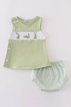 Load image into Gallery viewer, Sage bunny embroidery smocked bloomer set
