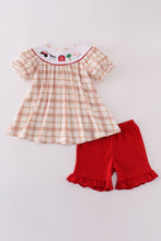 Load image into Gallery viewer, Khaki farm embroidery smocked plaid set
