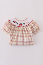 Load image into Gallery viewer, Khaki farm embroidery smocked plaid set
