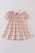 Load image into Gallery viewer, Khaki farm embroidery smocked plaid dress
