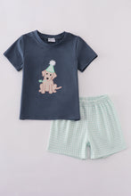Load image into Gallery viewer, Navy puppy birthday applique boy set

