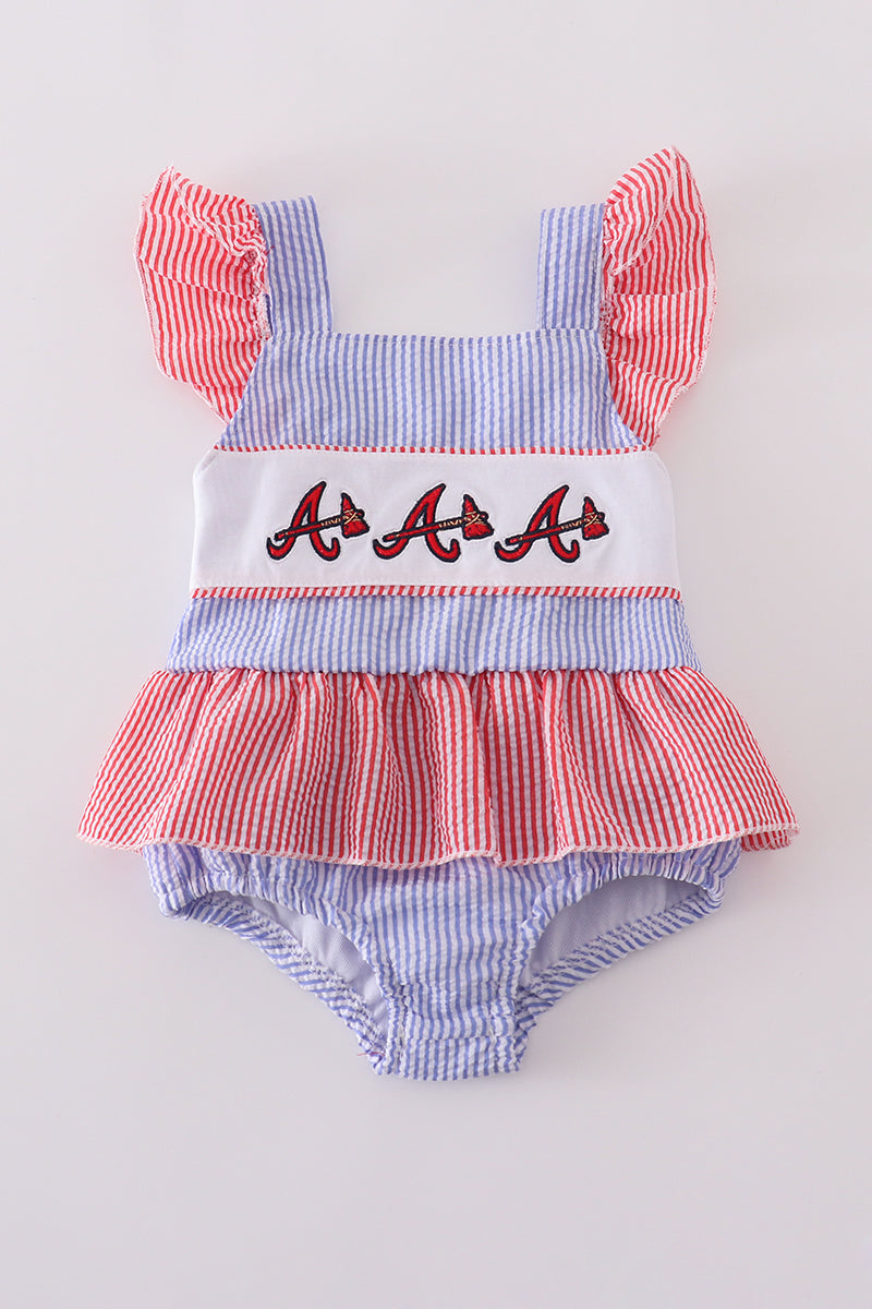 Navy Seersucker Atlanta Embroidery Swimsuit