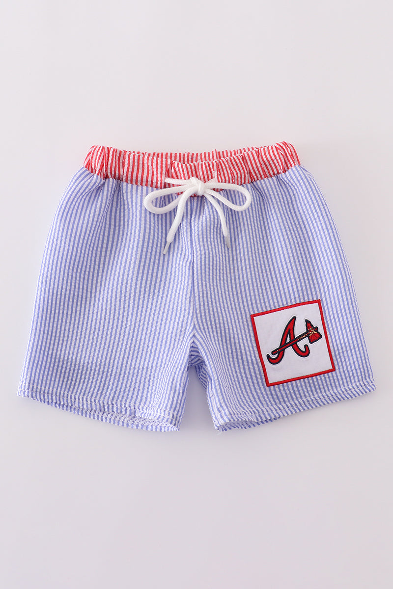 Navy Seersucker Atlanta Embroidery Boy Swim Trunks