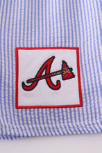Load image into Gallery viewer, Navy Seersucker Atlanta Embroidery Boy Swim Trunks

