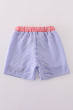 Load image into Gallery viewer, Navy Seersucker Atlanta Embroidery Boy Swim Trunks

