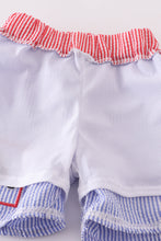 Load image into Gallery viewer, Navy Seersucker Atlanta Embroidery Boy Swim Trunks
