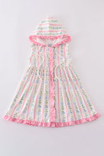 Load image into Gallery viewer, Pink floral print girl ruffle hoodie dress
