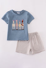 Load image into Gallery viewer, Blue farm horses embroidery shorts set
