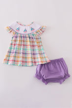 Load image into Gallery viewer, Purple sailboats embroidery bloomer set
