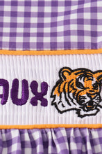 Load image into Gallery viewer, Purple gold LSU geaux embroidery smocked dress
