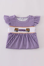 Load image into Gallery viewer, Purple gold LSU geaux embroidery smocked dress
