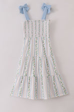Load image into Gallery viewer, Blue floral print smocked women dress
