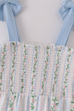 Load image into Gallery viewer, Blue floral print smocked women dress
