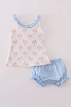 Load image into Gallery viewer, Blue floral bow print ruffle bloomer set
