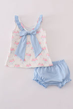 Load image into Gallery viewer, Blue floral bow print ruffle bloomer set
