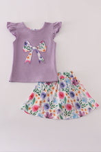 Load image into Gallery viewer, Purple floral bow applique active skorts set
