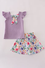 Load image into Gallery viewer, Purple floral bow applique active skorts set
