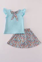 Load image into Gallery viewer, Blue floral bow applique active skorts set
