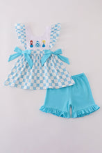 Load image into Gallery viewer, Blue character embroidery bow ruffle shorts set
