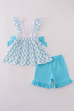 Load image into Gallery viewer, Blue character embroidery bow ruffle shorts set

