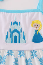Load image into Gallery viewer, Blue character embroidery ruffle tiered dress
