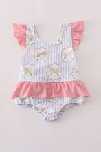 Load image into Gallery viewer, Floral stripe ruffle swimsuit UPF50+

