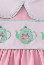 Load image into Gallery viewer, Pink teapot embroidery puff sleeve dress
