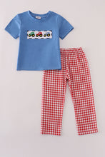 Load image into Gallery viewer, Blue tractor embroidery gingham pants set
