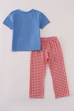 Load image into Gallery viewer, Blue tractor embroidery gingham pants set
