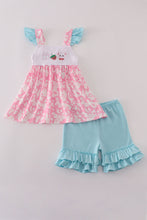 Load image into Gallery viewer, Pink strawberry milk cow embroidery ruffle shorts set
