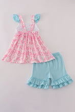 Load image into Gallery viewer, Pink strawberry milk cow embroidery ruffle shorts set

