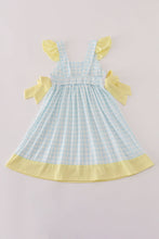 Load image into Gallery viewer, Blue character embroidery gingham ruffle dress
