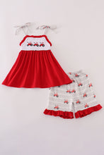 Load image into Gallery viewer, Red tractor embroidery ruffle shorts set
