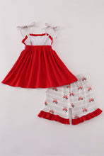 Load image into Gallery viewer, Red tractor embroidery ruffle shorts set
