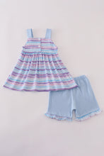 Load image into Gallery viewer, Purple stripe mermaid embroidery ruffle shorts set
