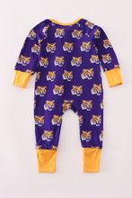 Load image into Gallery viewer, Purple LSU geaux tiger bamboo ruffle romper
