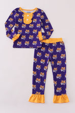 Load image into Gallery viewer, Purple LSU geaux tiger bamboo ruffle pajamas set
