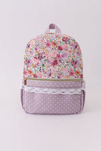 Load image into Gallery viewer, Purple floral print canvas ruffle backpack
