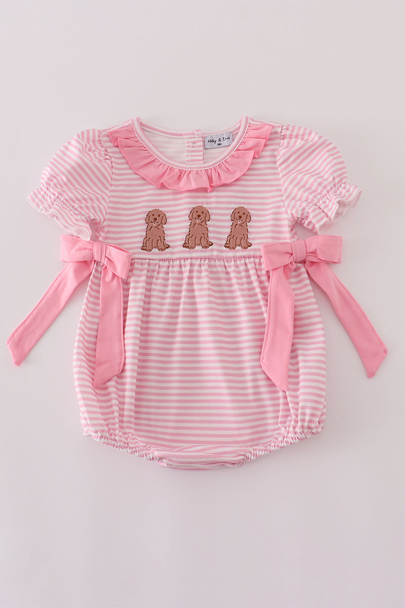 Pink stripe puppy embroidery ruffle bubble
