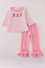 Load image into Gallery viewer, Pink stripe puppy embroidery ruffle pants set
