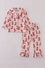 Load image into Gallery viewer, Pink puppy bow print ruffle pajamas set
