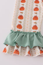 Load image into Gallery viewer, Green pumpkin bow embroidery ruffle pants set
